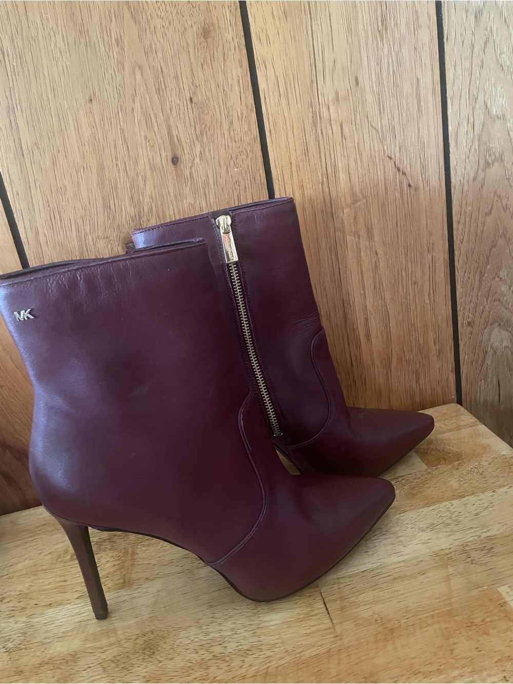 Michael Kors Wine Leather Pointed-Toe Ankle Booties with Side Zip